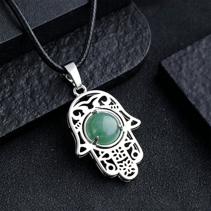 Buddha Stones Collar de fuerza con incrustaciones de cristal de palma de Hamsa y obsidiana negra natural - Aventurina verde natural (el color puede variar) - image 4