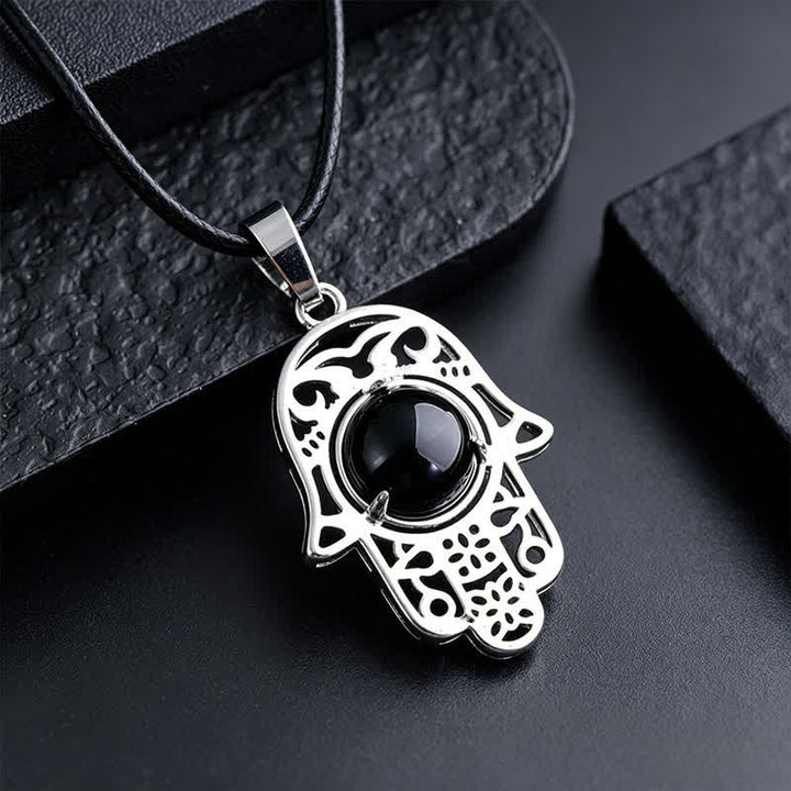 Buddha Stones Collar de fuerza con incrustaciones de cristal de palma de Hamsa y obsidiana negra natural - Obsidiana negra natural (el color puede variar) - image 1