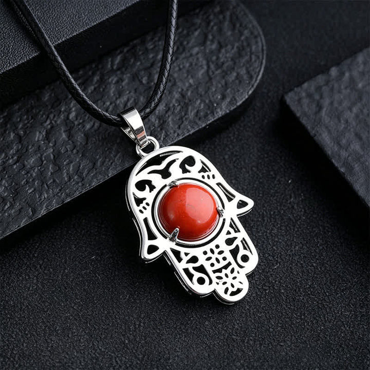Buddha Stones Collar de fuerza con incrustaciones de cristal de palma de Hamsa y obsidiana negra natural - Piedra roja natural (el color puede variar) - image 12