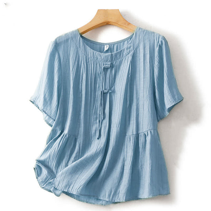 Buddha Stones Camisa de manga corta para mujer, estilo bohemio veraniego, con botones y cuello redondo. - Azul acero claro - US8-10，UK/AU12-14，EU40-42 (2XL) - image 0