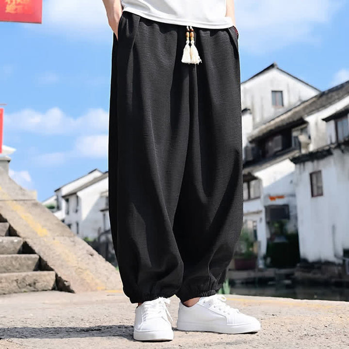 Buddha Stones Pantalones harem de verano para hombre, color liso, hasta el tobillo, con cordón ajustable y bolsillos. - image 3