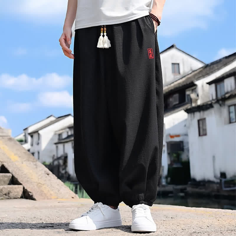 Buddha Stones Pantalones harem de verano para hombre, color liso, hasta el tobillo, con cordón ajustable y bolsillos. - image 1