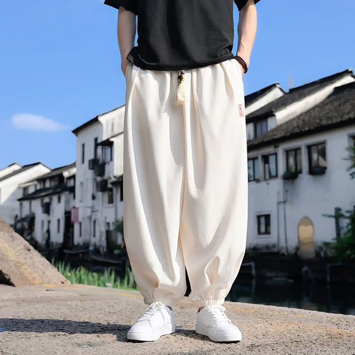 Buddha Stones Pantalones harem de verano para hombre, color liso, hasta el tobillo, con cordón ajustable y bolsillos. - Beige - US/UK/AU46, EU56 (5XL) - image 5