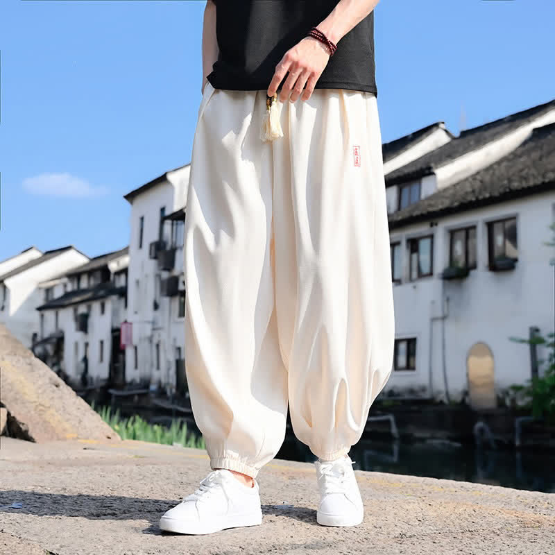 Buddha Stones Pantalones harem de verano para hombre, color liso, hasta el tobillo, con cordón ajustable y bolsillos. - image 7