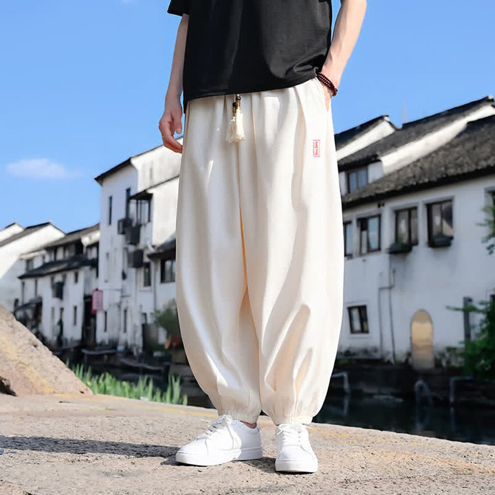 Buddha Stones Pantalones harem de verano para hombre, color liso, hasta el tobillo, con cordón ajustable y bolsillos. - image 8