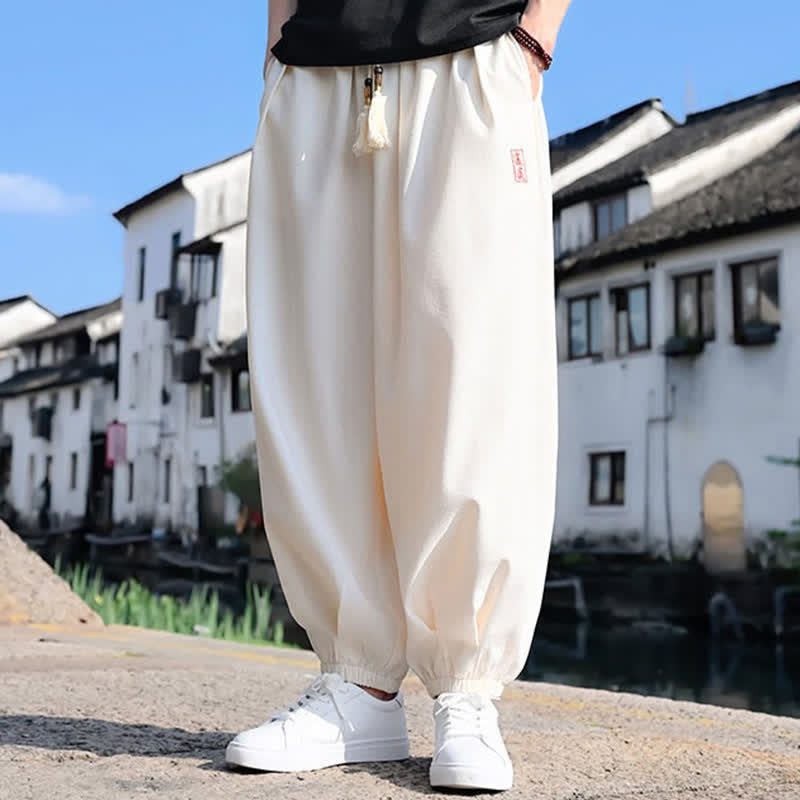 Buddha Stones Pantalones harem de verano para hombre, color liso, hasta el tobillo, con cordón ajustable y bolsillos. - image 12