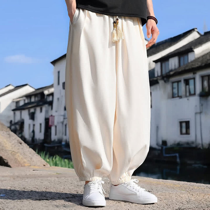 Buddha Stones Pantalones harem de verano para hombre, color liso, hasta el tobillo, con cordón ajustable y bolsillos. - image 6