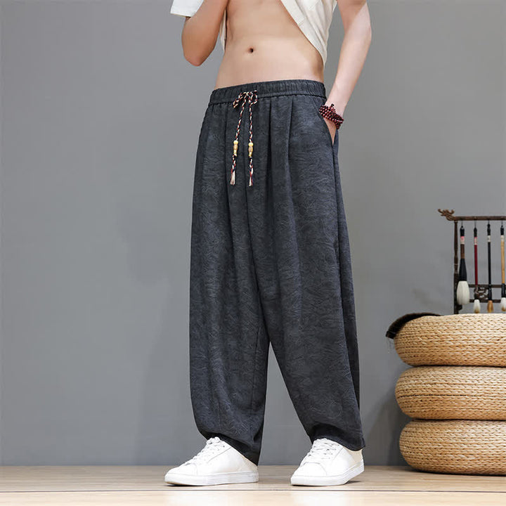Buddha Stones Pantalones harem de verano para hombre, estilo bohemio, con cordón ajustable y estampado floral liso, con bolsillos. - Negro - US/UK/AU48, EU58 (6XL) - image 9