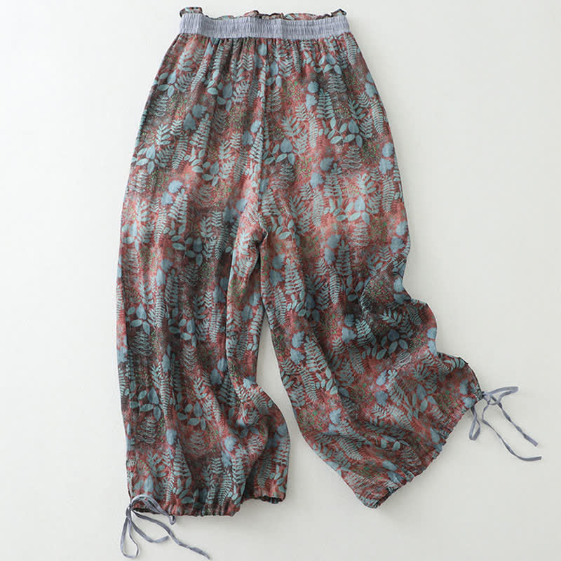 Buddha Stones Pantalones de mujer de corte recto con estampado de hojas y cordón ajustable, estilo bohemio veraniego, para mujer. - Marrón rosado - US14，UK/AU18，EU46 (2XL) - image 0