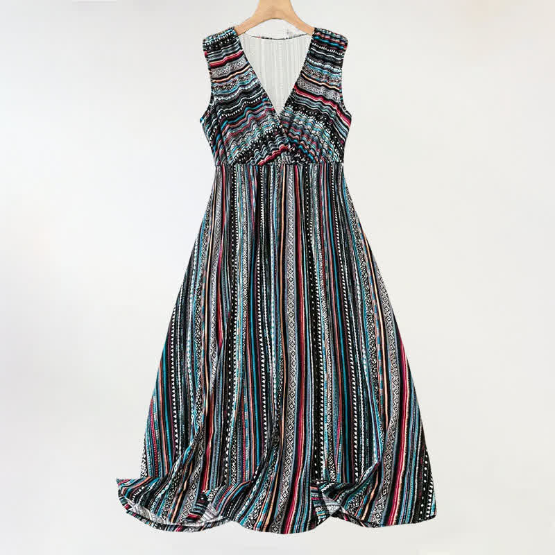 Buddha Stones Vestido de verano sin mangas para mujer con escote en V y rayas estilo bohemio. - Negro - US18, UK/AU22, EU50 (5XL) - image 0