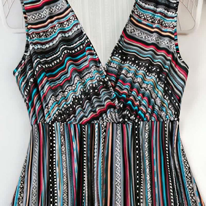 Buddha Stones Vestido de verano sin mangas para mujer con escote en V y rayas estilo bohemio. - image 2