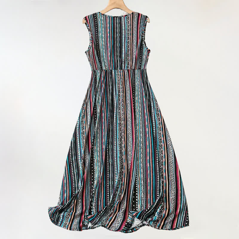Buddha Stones Vestido de verano sin mangas para mujer con escote en V y rayas estilo bohemio. - image 1