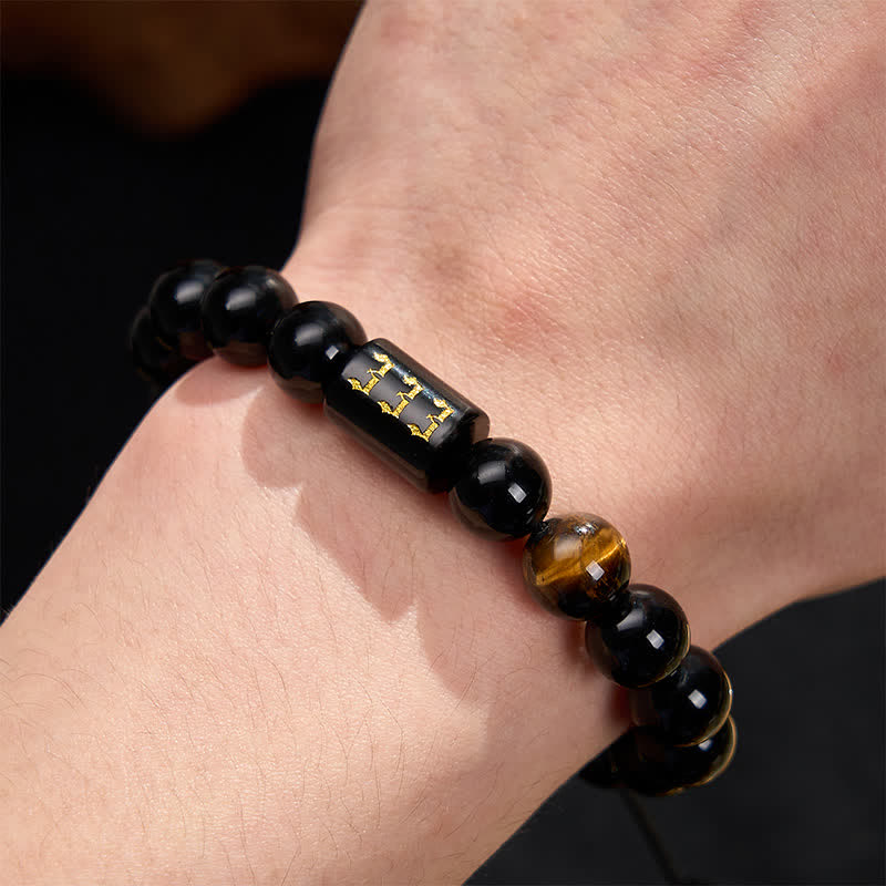 Buddha Stones Pulsera de fuerza y ​​plenitud con obsidiana negra natural y ojo de tigre, con número angelical - image 3