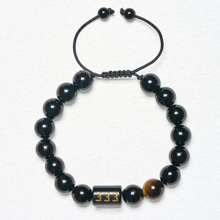 Buddha Stones Pulsera de fuerza y ​​plenitud con obsidiana negra natural y ojo de tigre, con número angelical - image 4