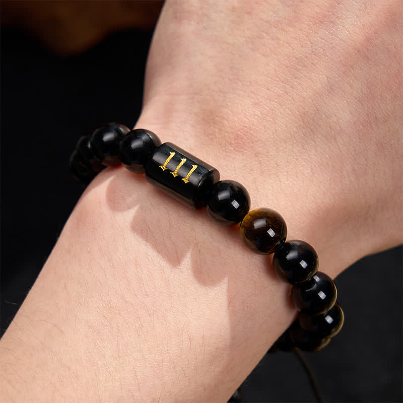 Buddha Stones Pulsera de fuerza y ​​plenitud con obsidiana negra natural y ojo de tigre, con número angelical - image 12