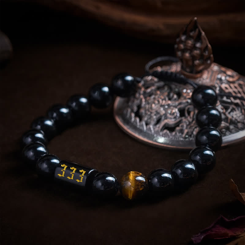 Buddha Stones Pulsera de fuerza y ​​plenitud con obsidiana negra natural y ojo de tigre, con número angelical - image 2