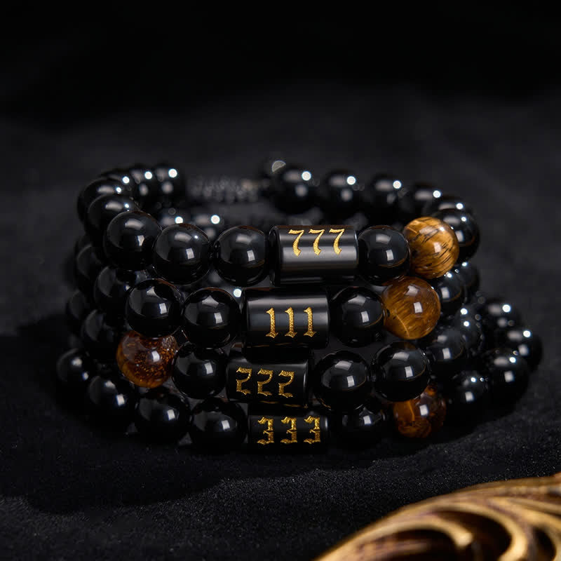 Buddha Stones Pulsera de fuerza y ​​plenitud con obsidiana negra natural y ojo de tigre, con número angelical - image 33