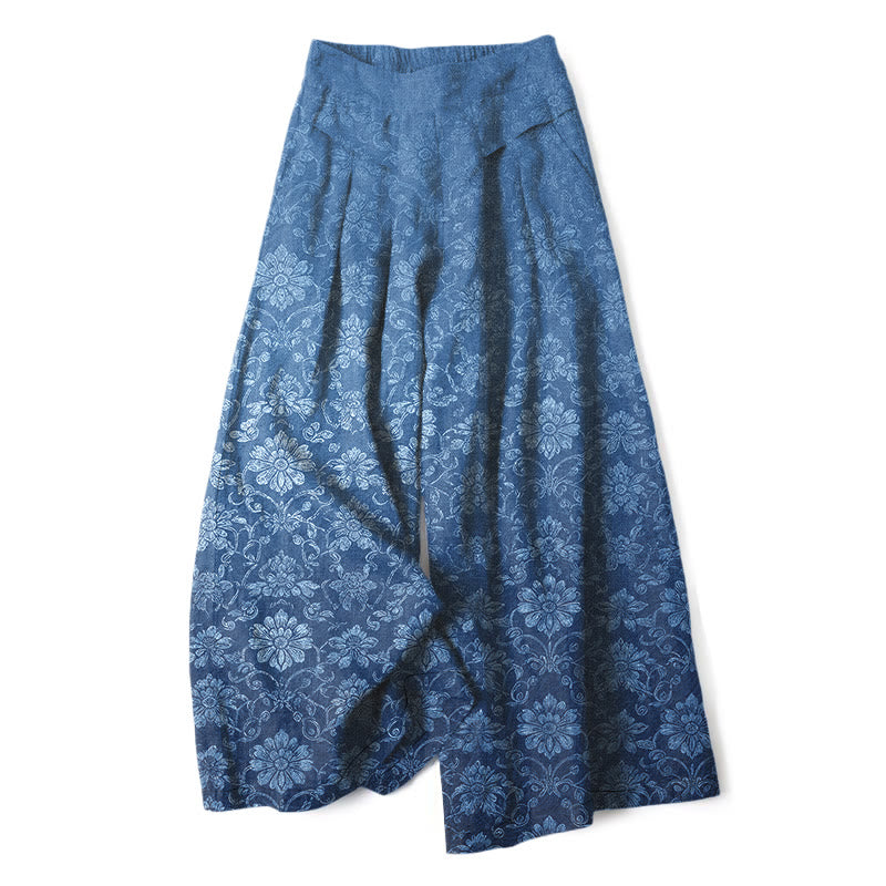 Buddha Stones Pantalones de mujer de algodón y lino con estampado floral vintage, cintura elástica, pernera ancha y bolsillos. - Azul real - US16，UK/AU20，EU48 (3XL) - image 0