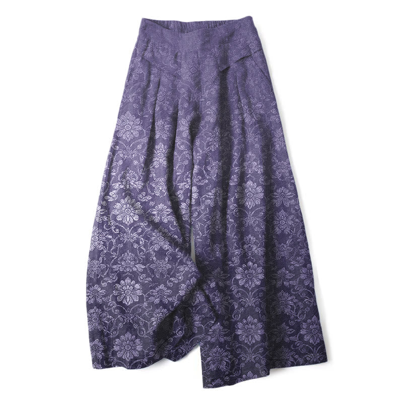 Buddha Stones Pantalones de mujer de algodón y lino con estampado floral vintage, cintura elástica, pernera ancha y bolsillos. - Púrpura - US16，UK/AU20，EU48 (3XL) - image 4