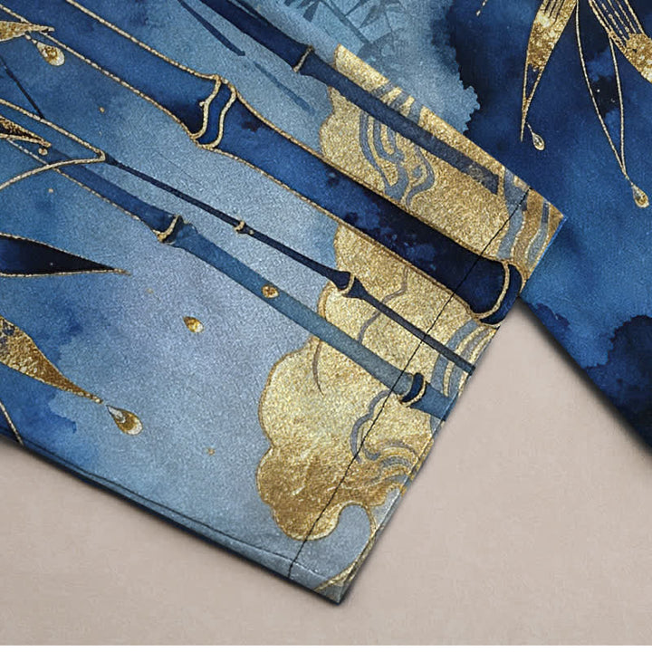 Buddha Stones Pantalones de hombre de algodón con estampado de hojas de bambú doradas, corte ajustado y bolsillos. - image 3