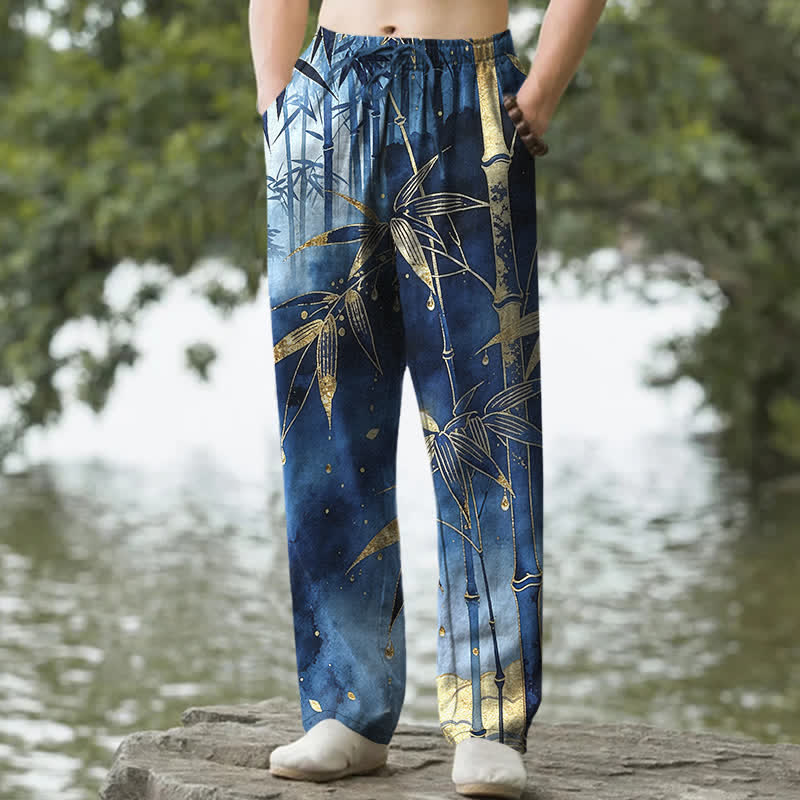 Buddha Stones Pantalones de hombre de algodón con estampado de hojas de bambú doradas, corte ajustado y bolsillos. - Marina de guerra - US/UK/AU50, EU60 (5XL) - image 0
