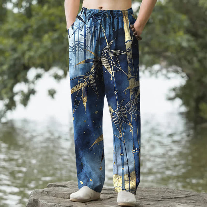 Buddha Stones Pantalones de hombre de algodón con estampado de hojas de bambú doradas, corte ajustado y bolsillos. - Marina de guerra - US/UK/AU50, EU60 (5XL) - image 0