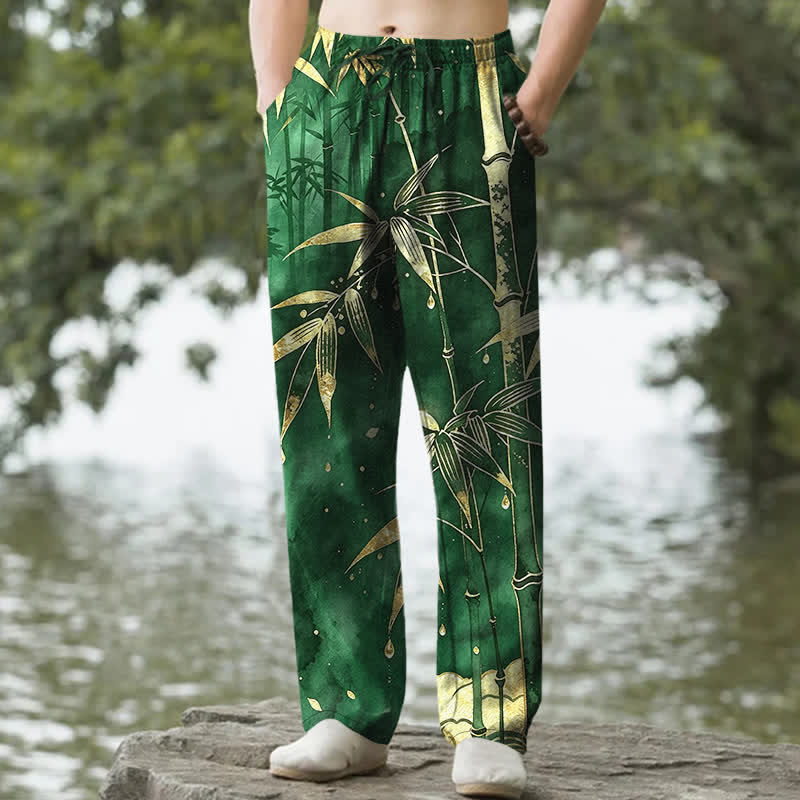 Buddha Stones Pantalones de hombre de algodón con estampado de hojas de bambú doradas, corte ajustado y bolsillos. - Verde bosque - US/UK/AU50, EU60 (5XL) - image 4