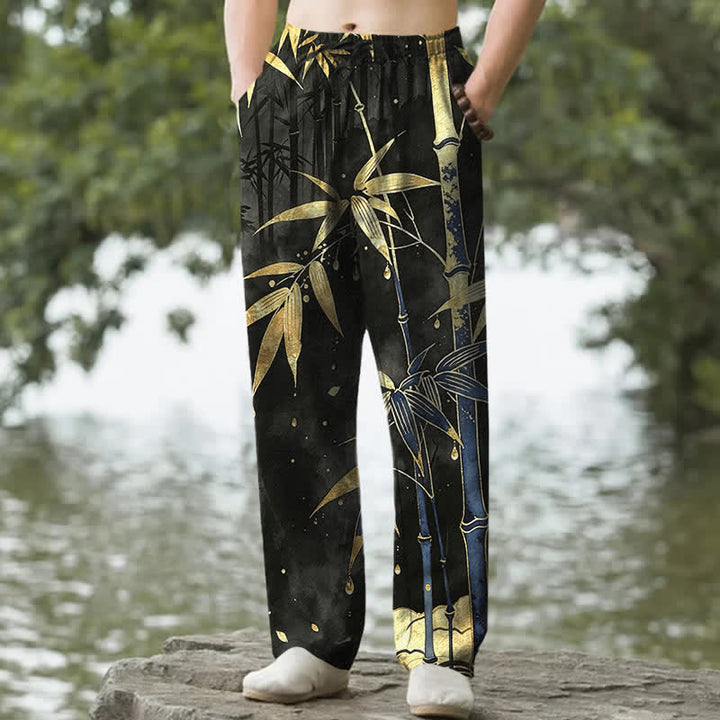 Buddha Stones Pantalones de hombre de algodón con estampado de hojas de bambú doradas, corte ajustado y bolsillos. - Negro - US/UK/AU50, EU60 (5XL) - image 6