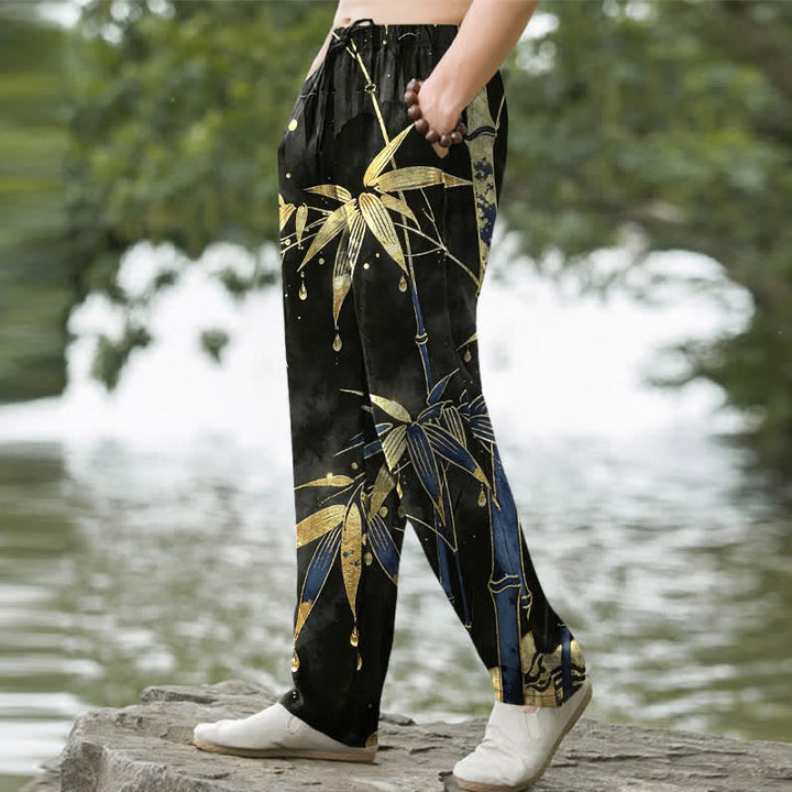 Buddha Stones Pantalones de hombre de algodón con estampado de hojas de bambú doradas, corte ajustado y bolsillos. - image 7