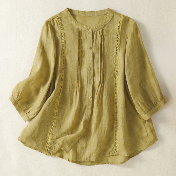 Buddha Stones Camisas de manga tres cuartos lisas con botones, estilo vintage de verano para mujer. - caqui - US8-10，UK/AU12-14，EU40-42 (2XL) - image 0
