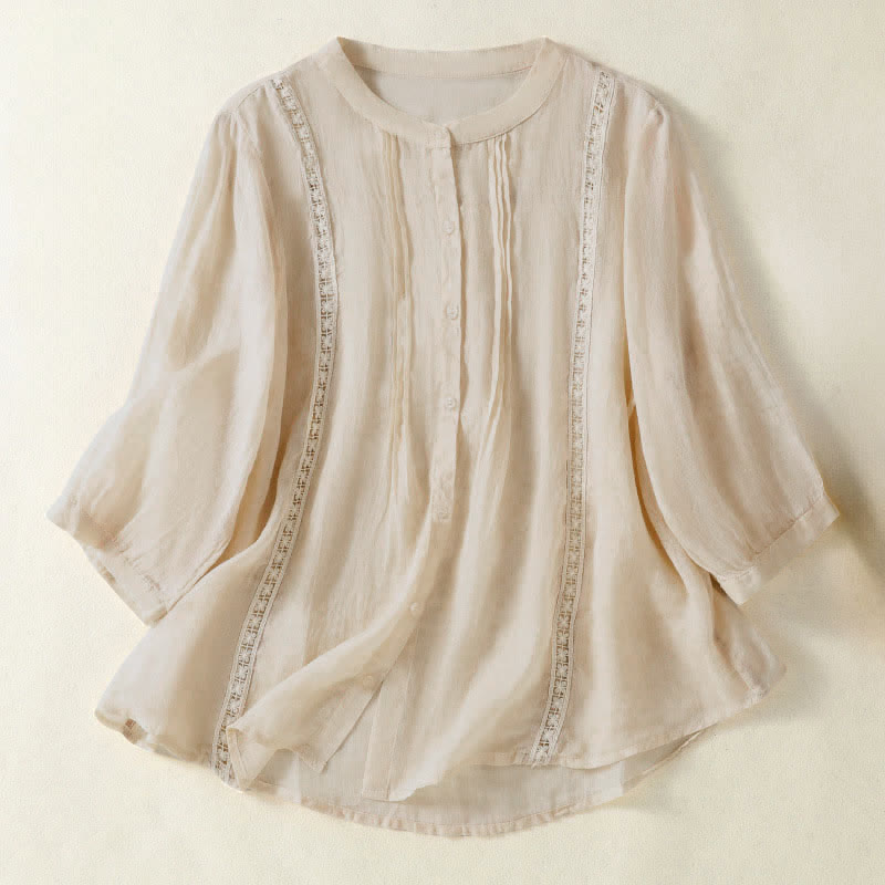 Buddha Stones Camisas de manga tres cuartos lisas con botones, estilo vintage de verano para mujer. - Beige - US8-10，UK/AU12-14，EU40-42 (2XL) - image 12