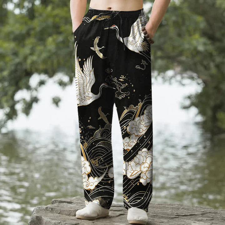Buddha Stones Pantalones de hombre de algodón blanco con estampado de grullas y olas, corte cónico y bolsillos. - Negro - US/UK/AU50, EU60 (5XL) - image 0