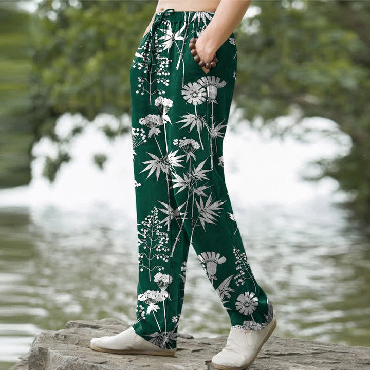 Buddha Stones Pantalones de hombre de algodón con estampado floral de hojas de bambú y corte ajustado, con bolsillos. - image 5