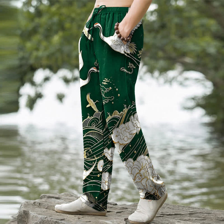 Buddha Stones Pantalones de hombre de algodón blanco con estampado de grullas y olas, corte cónico y bolsillos. - image 5