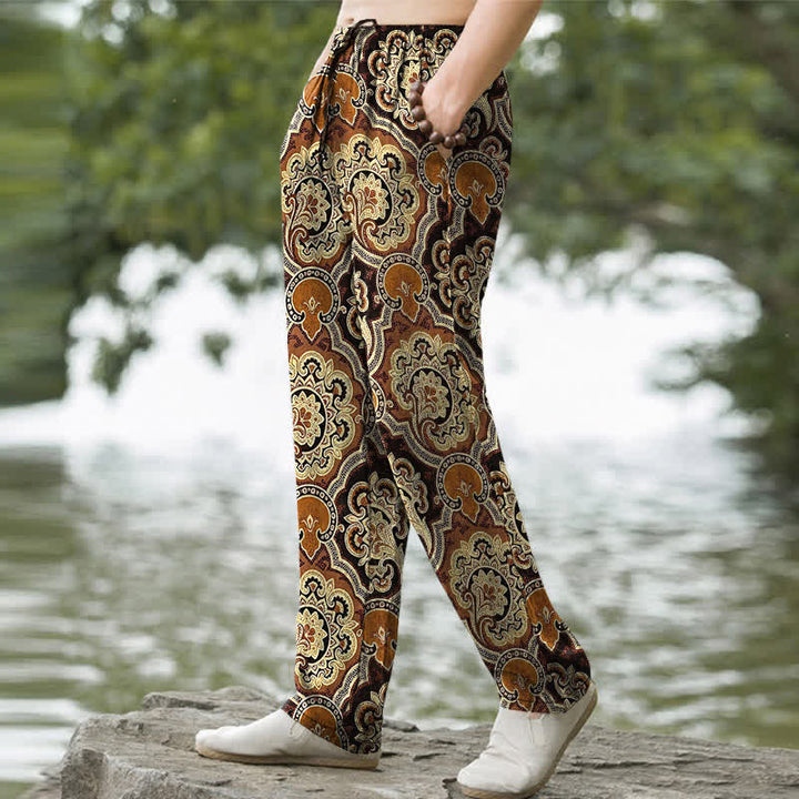 Buddha Stones Pantalones de hombre de algodón con estampado geométrico de mandala y cachemir, corte ajustado y bolsillos. - image 1