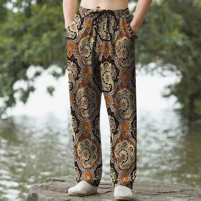 Buddha Stones Pantalones de hombre de algodón con estampado geométrico de mandala y cachemir, corte ajustado y bolsillos. - Tierra de siena - US/UK/AU50, EU60 (5XL) - image 0