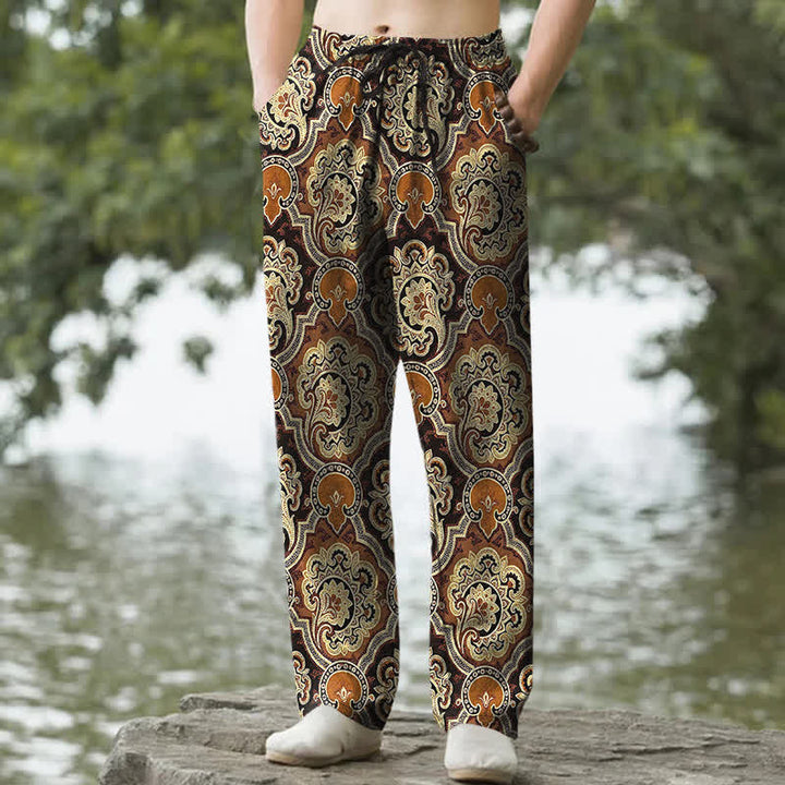 Buddha Stones Pantalones de hombre de algodón con estampado geométrico de mandala y cachemir, corte ajustado y bolsillos. - Tierra de siena - US/UK/AU50, EU60 (5XL) - image 0