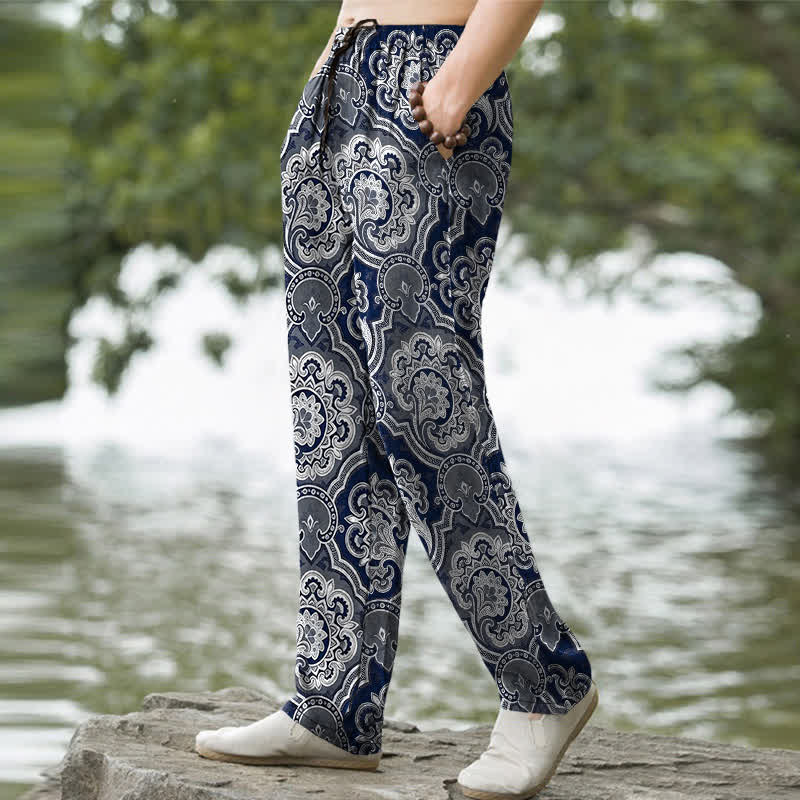 Buddha Stones Pantalones de hombre de algodón con estampado geométrico de mandala y cachemir, corte ajustado y bolsillos. - image 5