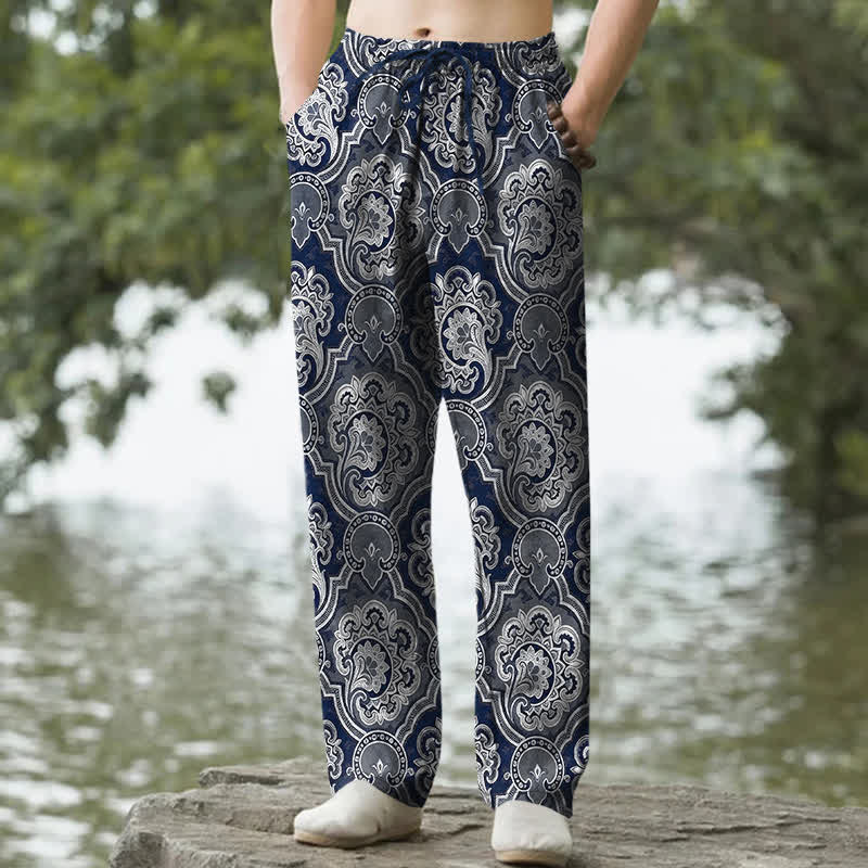 Buddha Stones Pantalones de hombre de algodón con estampado geométrico de mandala y cachemir, corte ajustado y bolsillos. - Marina de guerra - US/UK/AU50, EU60 (5XL) - image 4