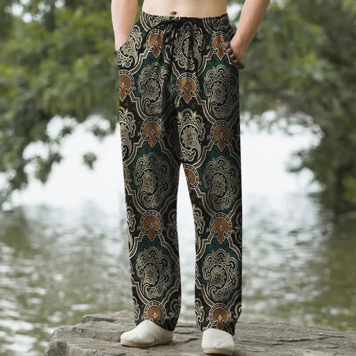 Buddha Stones Pantalones de hombre de algodón con estampado geométrico de mandala y cachemir, corte ajustado y bolsillos. - Verde oscuro - US/UK/AU50, EU60 (5XL) - image 6