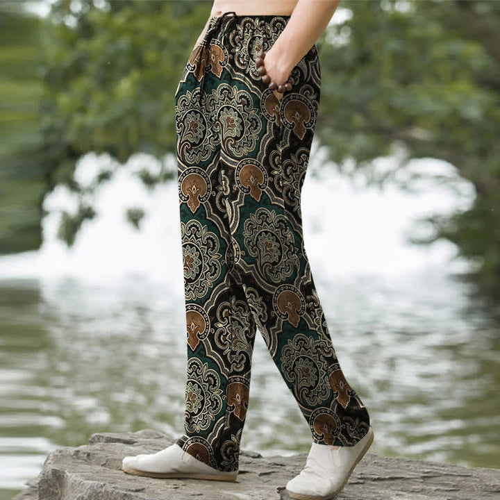 Buddha Stones Pantalones de hombre de algodón con estampado geométrico de mandala y cachemir, corte ajustado y bolsillos. - image 7