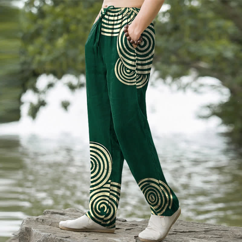 Buddha Stones Pantalones de hombre de algodón puro con estampado de círculos concéntricos, corte cónico y bolsillos. - image 7