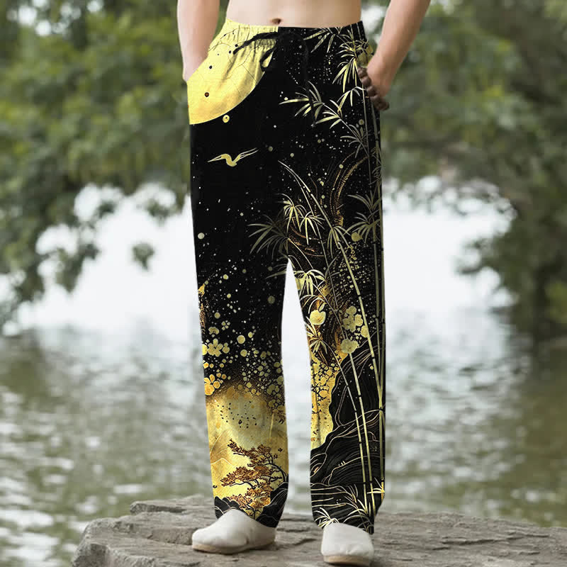 Buddha Stones Pantalones de hombre de algodón con estampado de bambú y luna dorada, corte ajustado y bolsillos. - Negro - US/UK/AU50, EU60 (5XL) - image 0