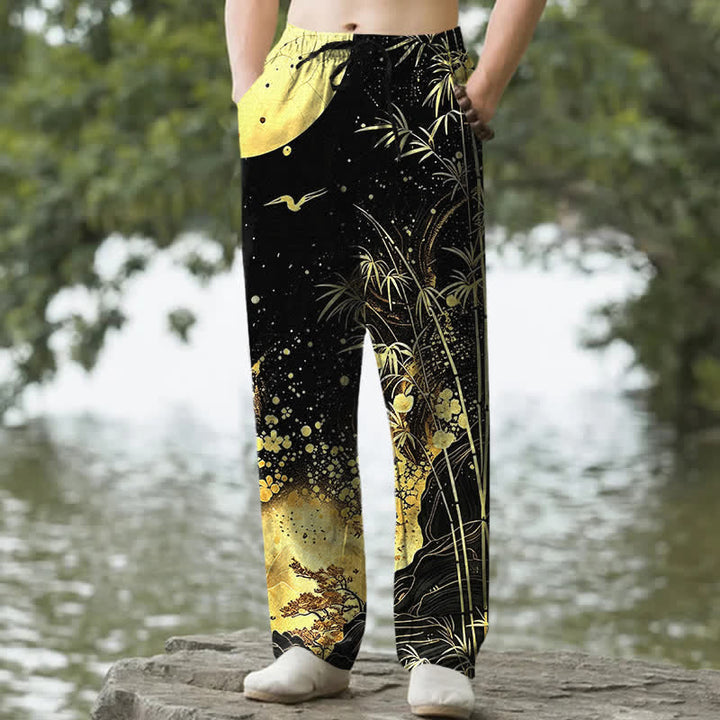 Buddha Stones Pantalones de hombre de algodón con estampado de bambú y luna dorada, corte ajustado y bolsillos. - Negro - US/UK/AU50, EU60 (5XL) - image 0