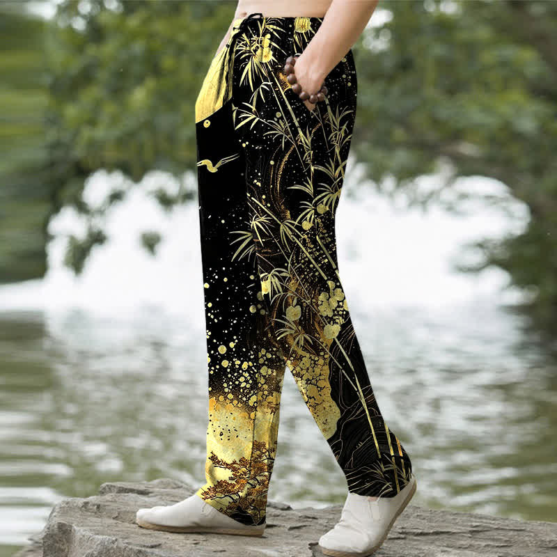 Buddha Stones Pantalones de hombre de algodón con estampado de bambú y luna dorada, corte ajustado y bolsillos. - image 1