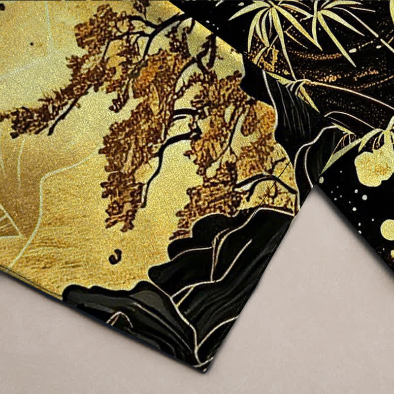 Buddha Stones Pantalones de hombre de algodón con estampado de bambú y luna dorada, corte ajustado y bolsillos. - image 3