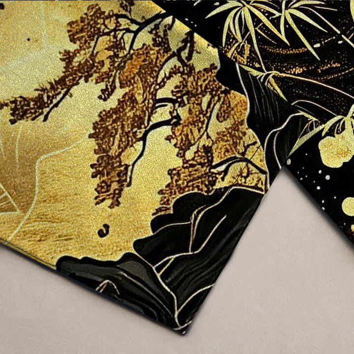 Buddha Stones Pantalones de hombre de algodón con estampado de bambú y luna dorada, corte ajustado y bolsillos. - image 3