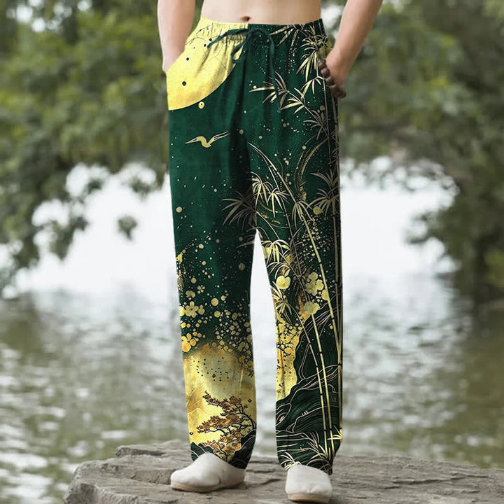 Buddha Stones Pantalones de hombre de algodón con estampado de bambú y luna dorada, corte ajustado y bolsillos. - Verde bosque - US/UK/AU50, EU60 (5XL) - image 4