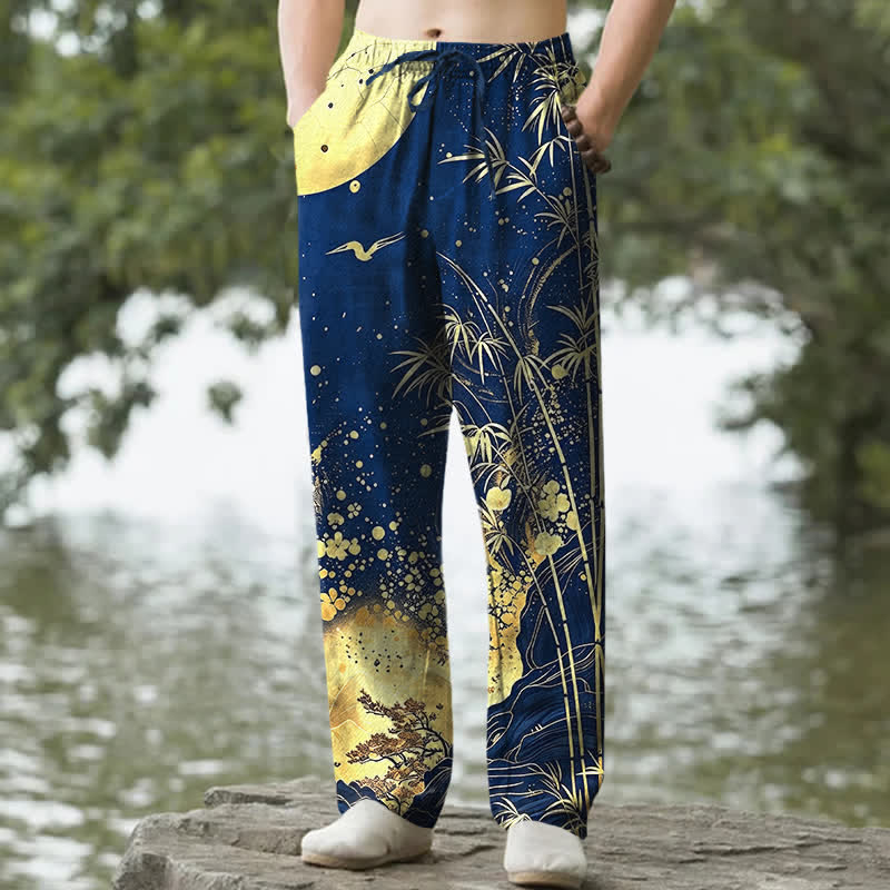Buddha Stones Pantalones de hombre de algodón con estampado de bambú y luna dorada, corte ajustado y bolsillos. - Marina de guerra - US/UK/AU50, EU60 (5XL) - image 6