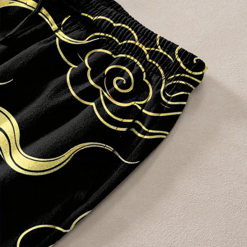 Buddha Stones Pantalones de hombre de algodón con estampado de nubes auspiciosas y dragón dorado, corte cónico y bolsillos. - image 2